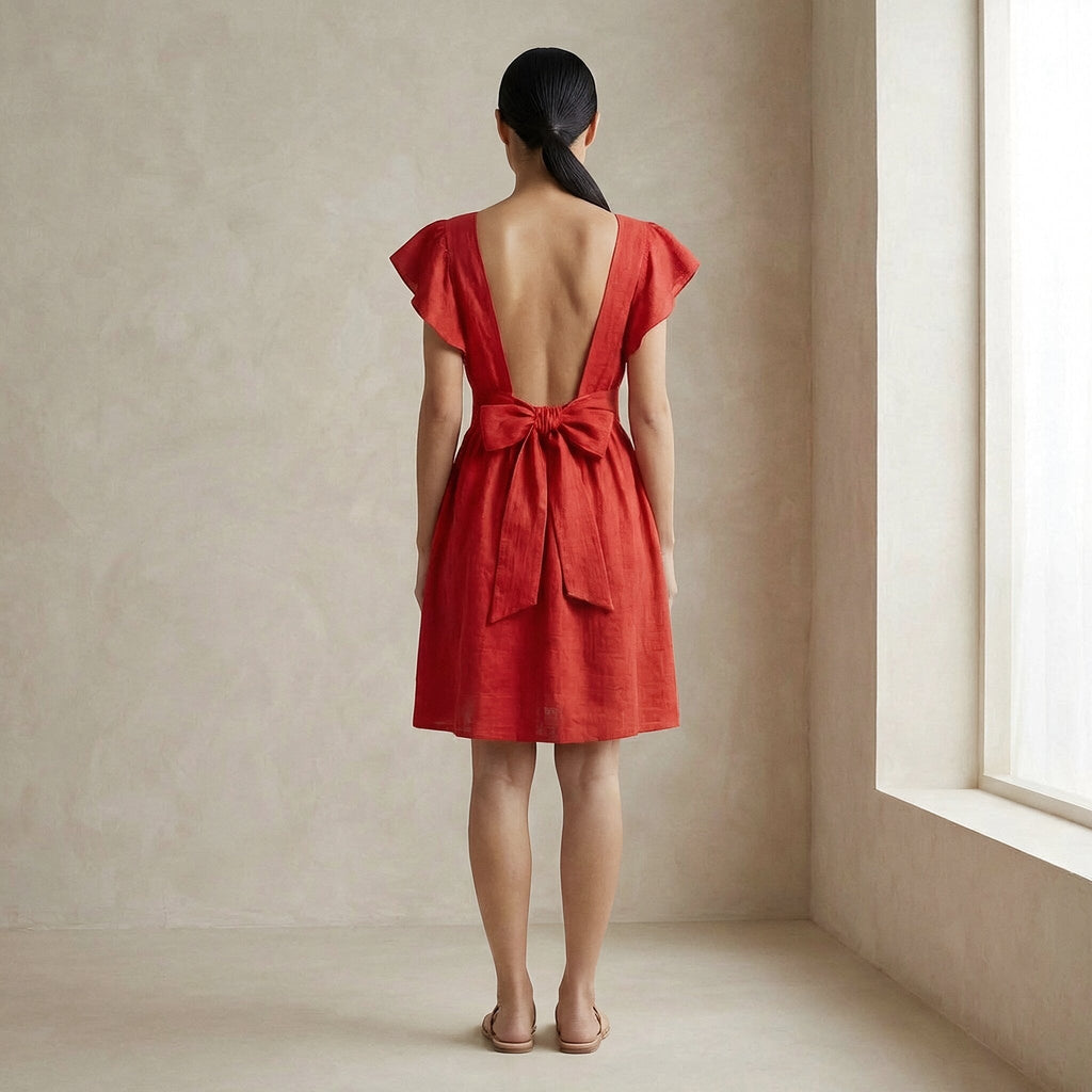 Cherry Red Cotton Open-Back Fit and Flare Knee Length Dress