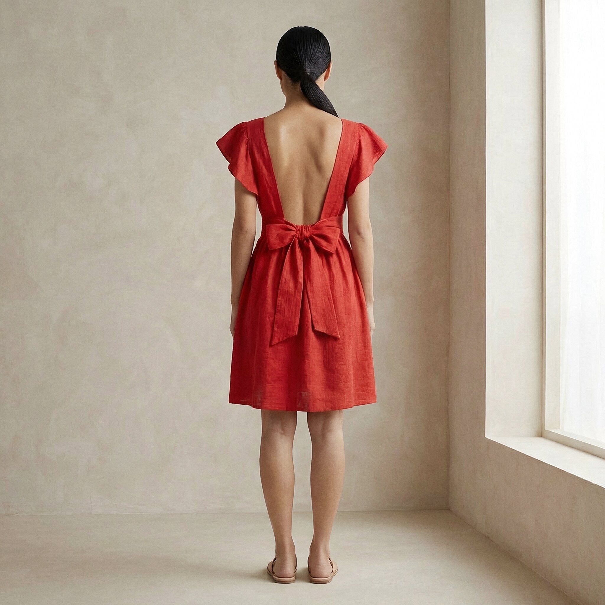 Cherry Red Cotton Open-Back Fit and Flare Knee Length Dress