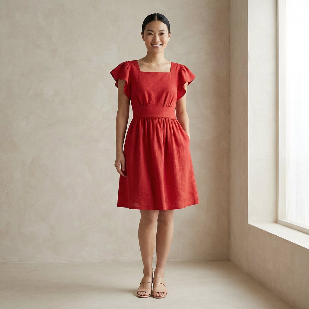 Cherry Red Cotton Open-Back Fit and Flare Knee Length Dress