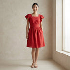 Cherry Red Cotton Open-Back Fit and Flare Knee Length Dress