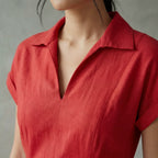 Cherry Red Cotton Paneled A-Line Midi Dress