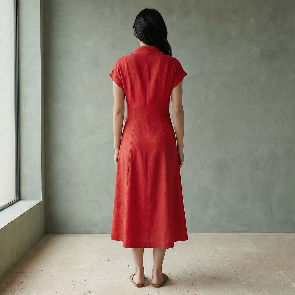 Cherry Red Cotton Paneled A-Line Midi Dress