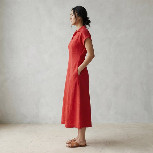 Cherry Red Cotton Paneled A-Line Midi Dress