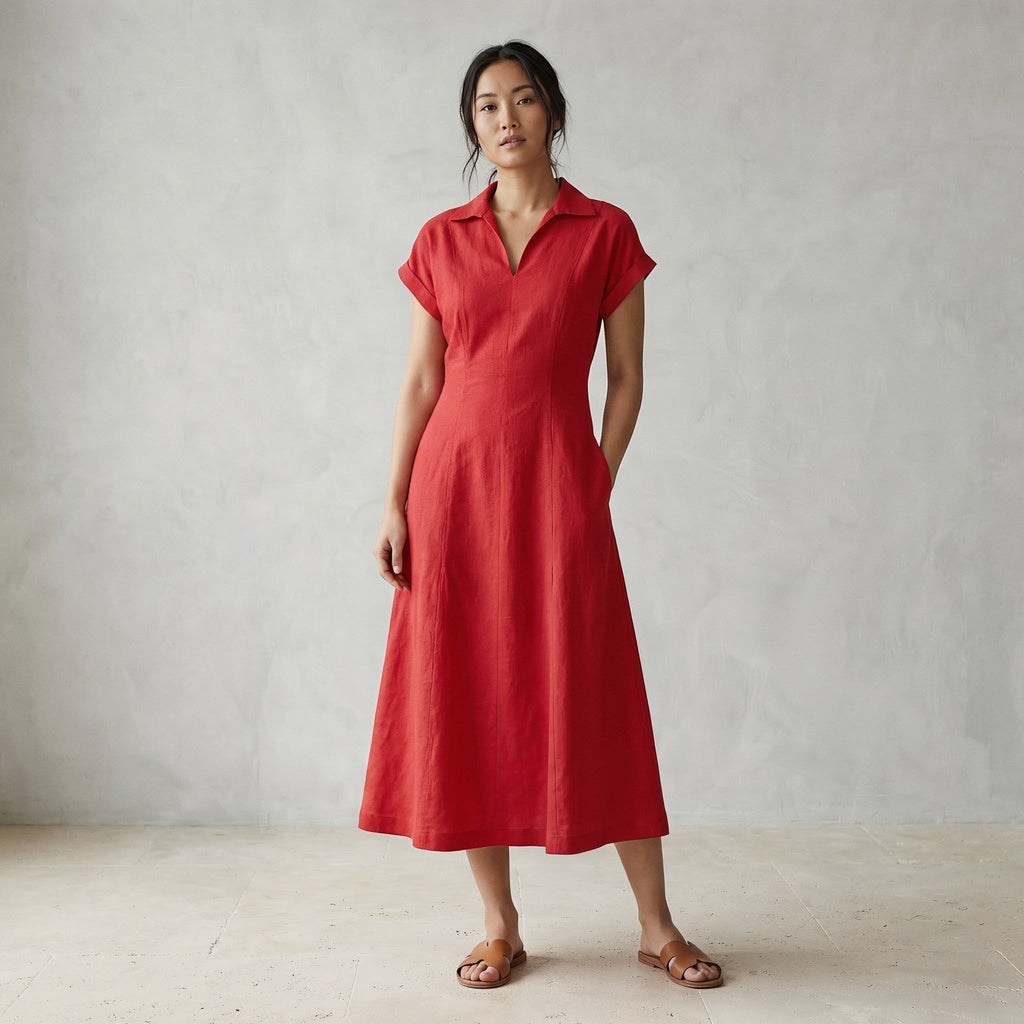 Cherry Red Cotton Paneled A-Line Midi Dress