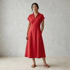 Cherry Red Cotton Paneled A-Line Midi Dress