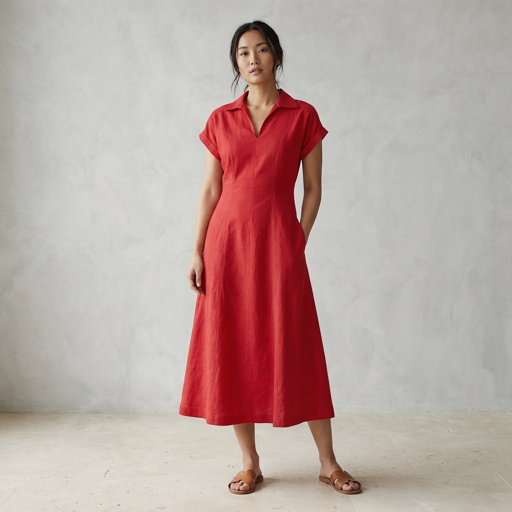 Cherry Red Cotton Paneled A-Line Midi Dress
