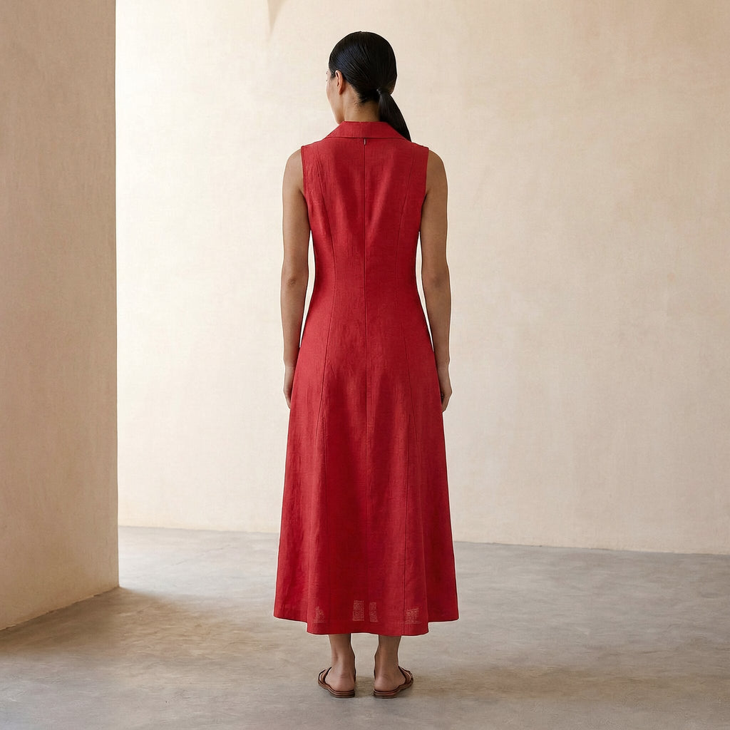 Cherry Red Cotton Paneled Sleeveless Maxi Dress