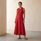 Cherry Red Cotton Paneled Sleeveless Maxi Dress