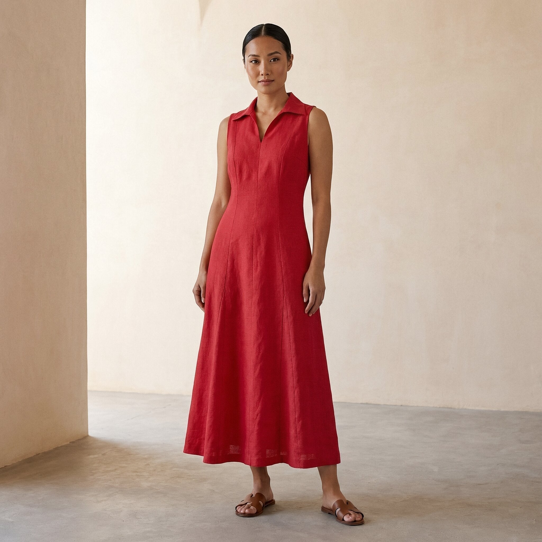 Cherry Red Cotton Paneled Sleeveless Maxi Dress