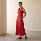 Cherry Red Cotton Paneled Sleeveless Maxi Dress