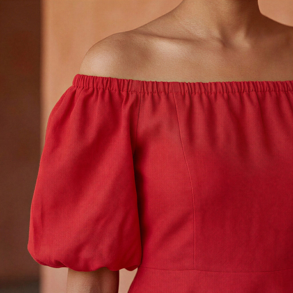 Cherry Red Cotton Puff Sleeves Off-Shoulder Midi Dress