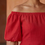 Cherry Red Cotton Puff Sleeves Off-Shoulder Midi Dress