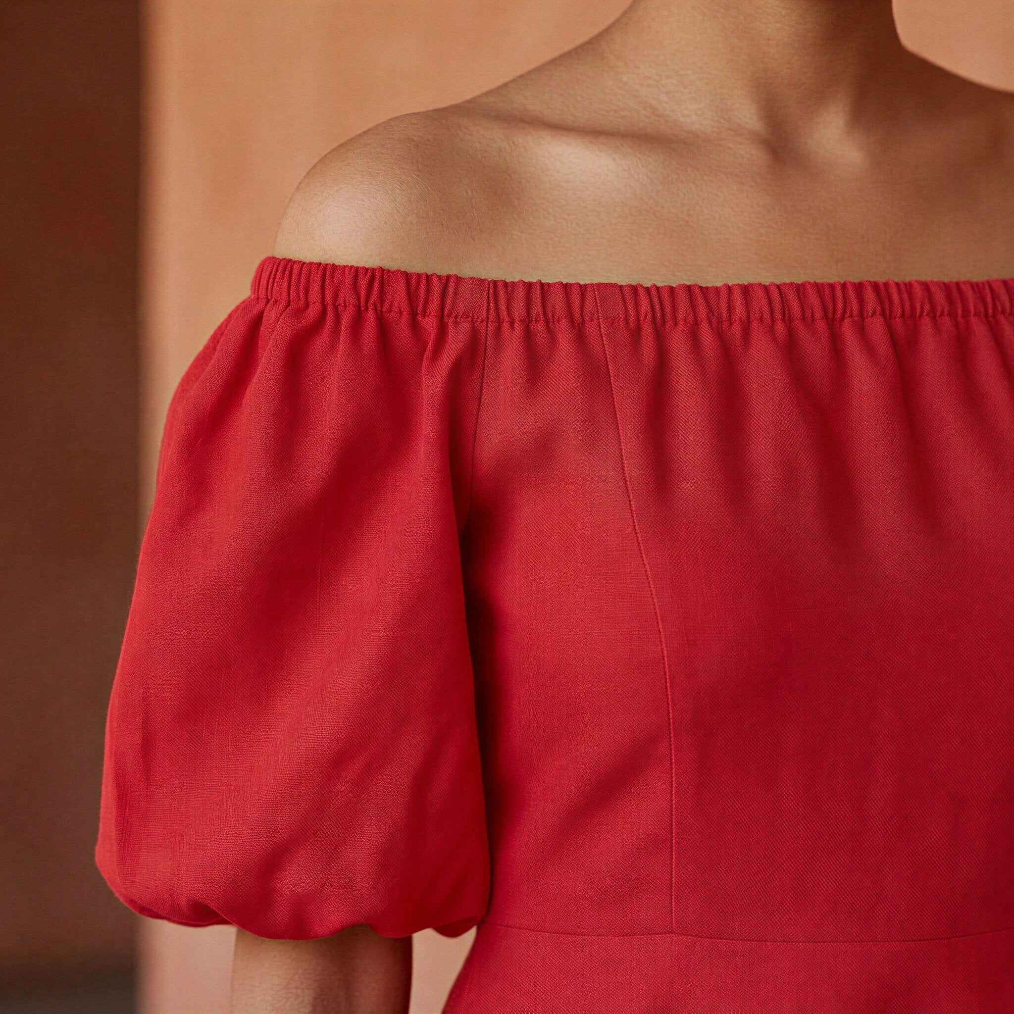Cherry Red Cotton Puff Sleeves Off-Shoulder Midi Dress