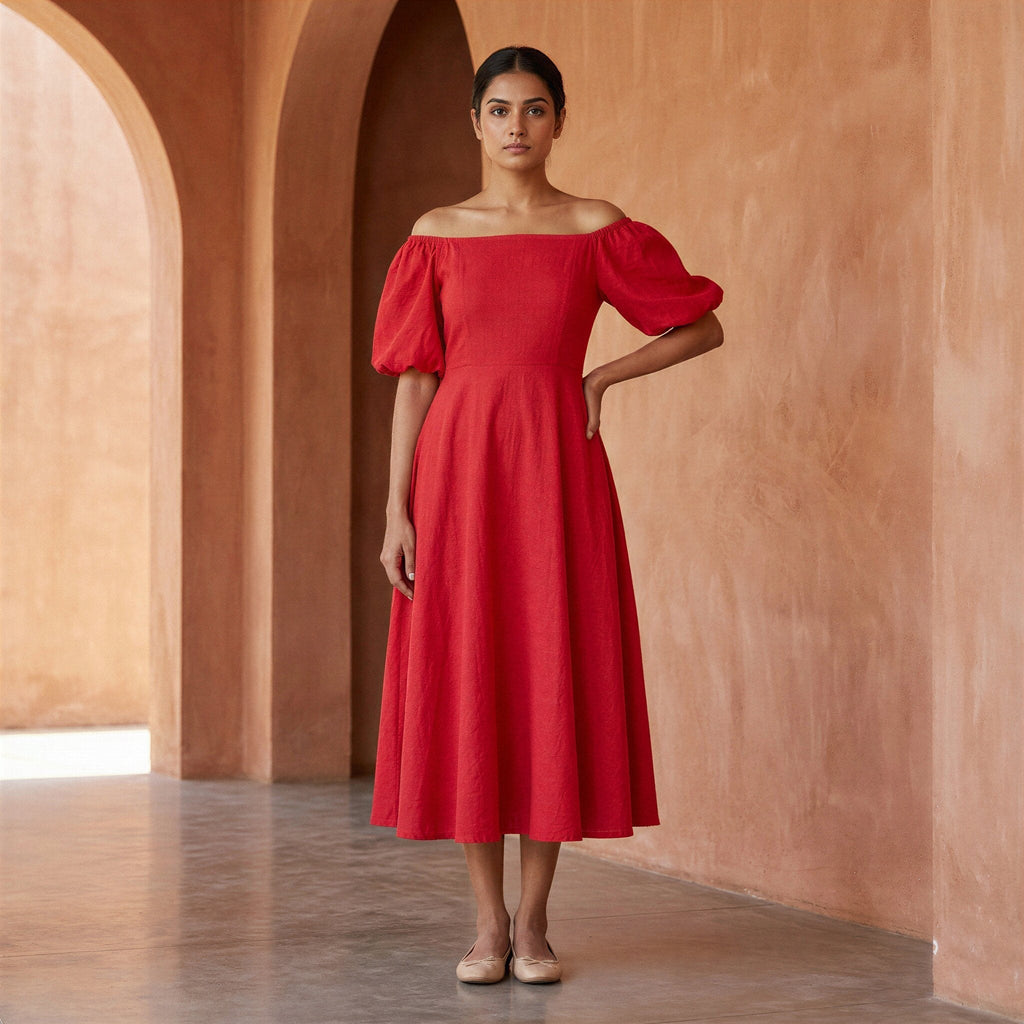 Cherry Red Cotton Puff Sleeves Off-Shoulder Midi Dress