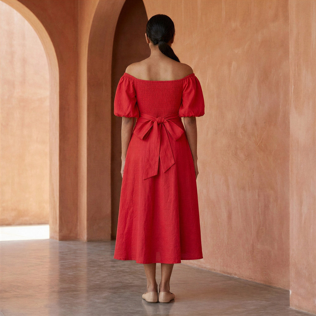 Cherry Red Cotton Puff Sleeves Off-Shoulder Midi Dress