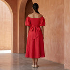 Cherry Red Cotton Puff Sleeves Off-Shoulder Midi Dress
