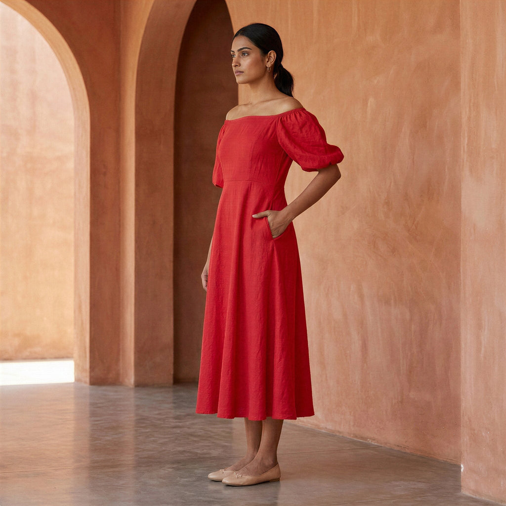 Cherry Red Cotton Puff Sleeves Off-Shoulder Midi Dress