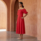 Cherry Red Cotton Puff Sleeves Off-Shoulder Midi Dress