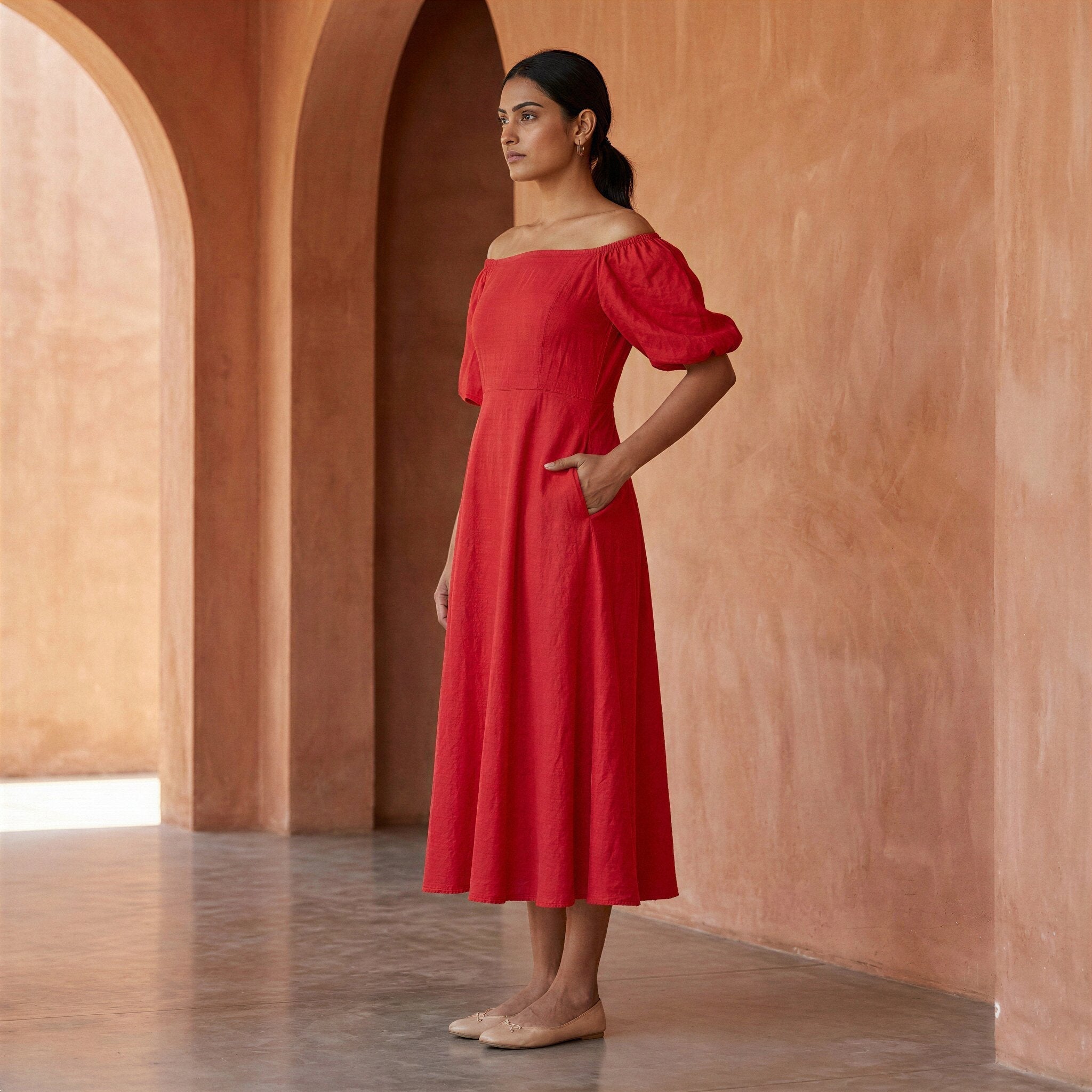 Cherry Red Cotton Puff Sleeves Off-Shoulder Midi Dress