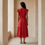 Cherry Red Cotton Ruffle Midi Wrap Dress
