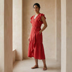 Cherry Red Cotton Ruffle Midi Wrap Dress