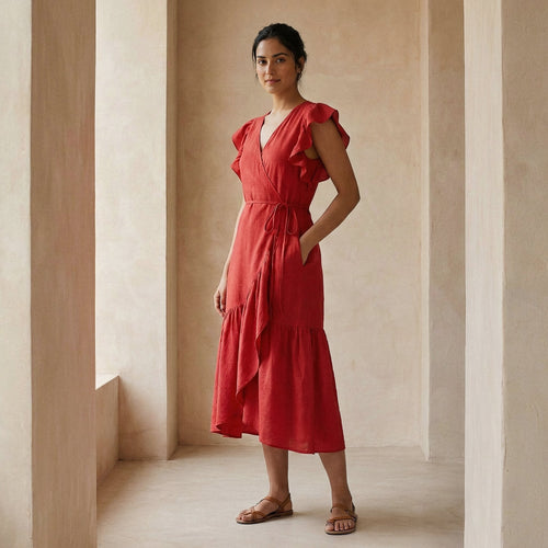 Cherry Red Cotton Ruffle Midi Wrap Dress