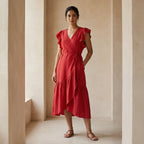 Cherry Red Cotton Ruffle Midi Wrap Dress