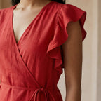 Cherry Red Cotton Ruffle Midi Wrap Dress