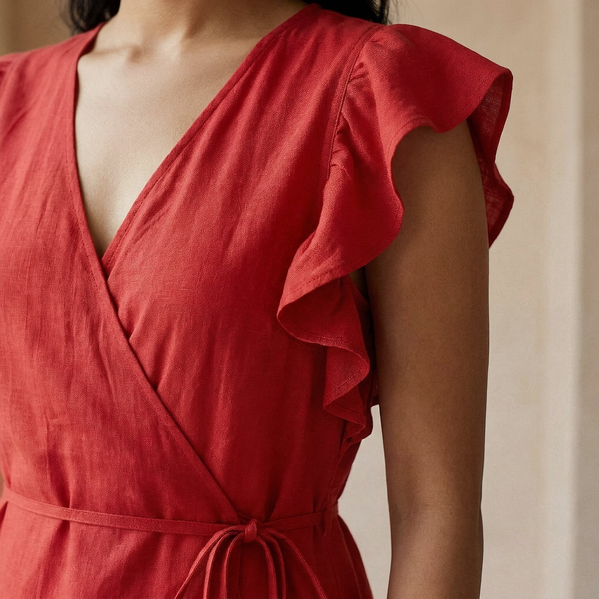 Cherry Red Cotton Ruffle Midi Wrap Dress