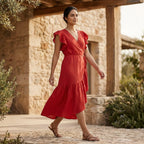 Cherry Red Cotton Ruffle Midi Wrap Dress