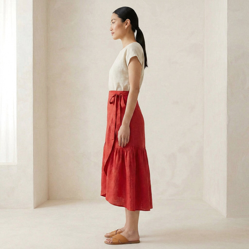 Cherry Red Cotton Ruffle Midi Wrap Skirt