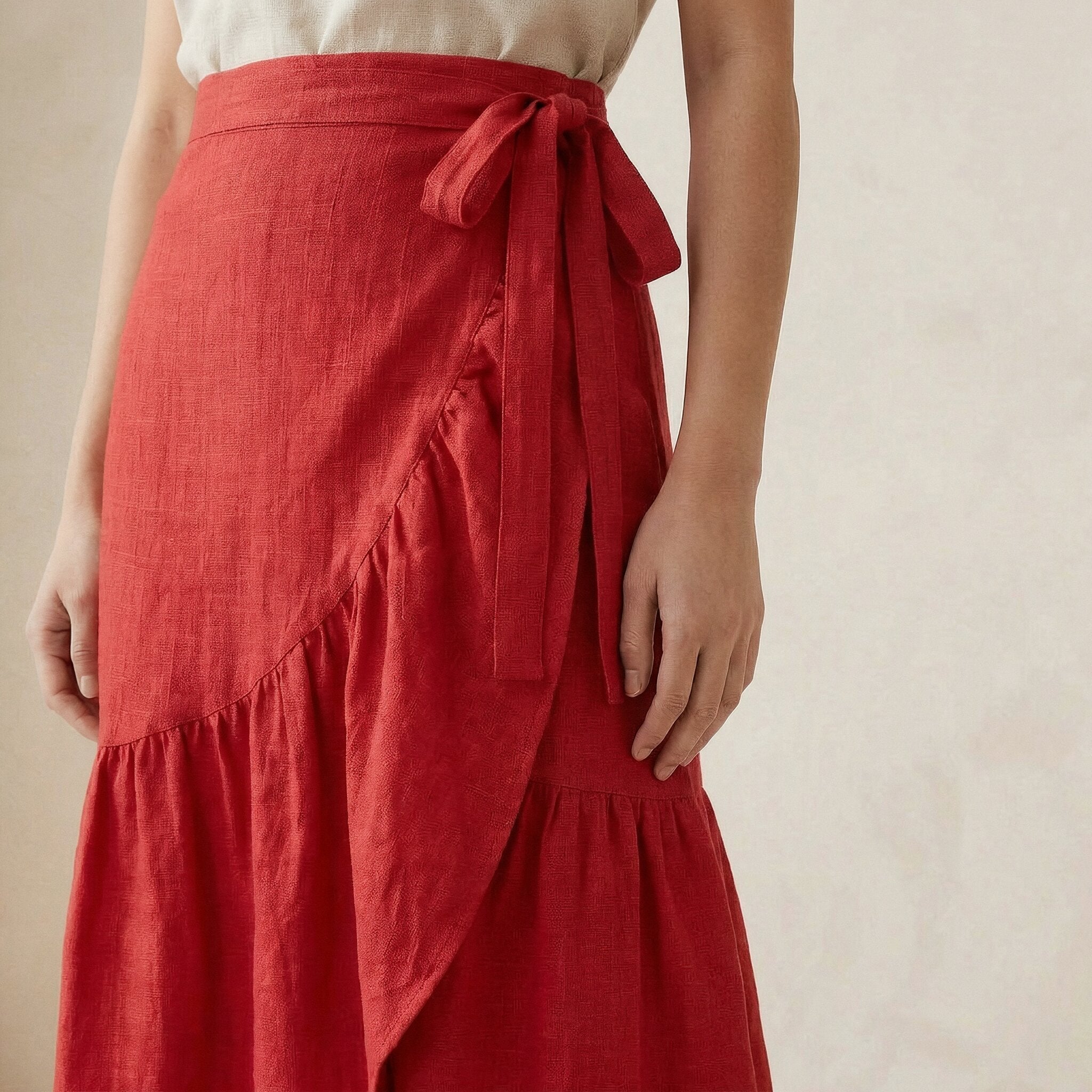 Cherry Red Cotton Ruffle Midi Wrap Skirt