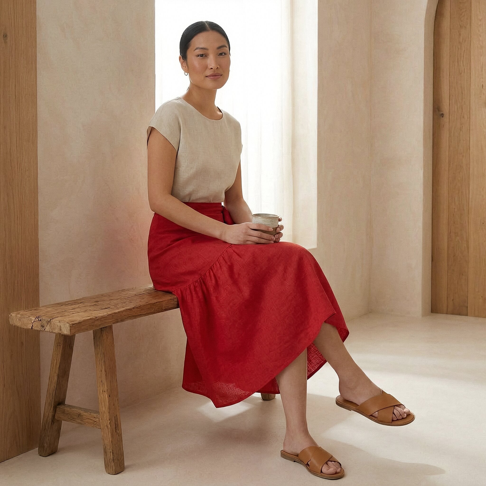 Cherry Red Cotton Ruffle Midi Wrap Skirt