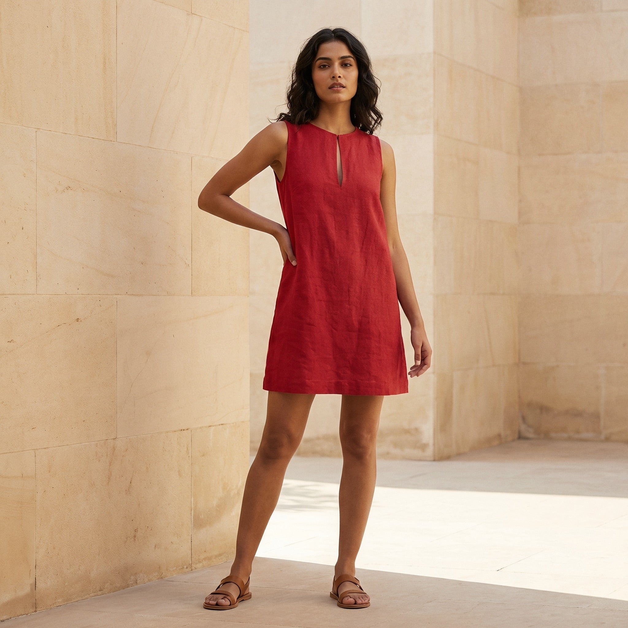 Cherry Red Cotton Sleeveless A-Line Short Shift Dress