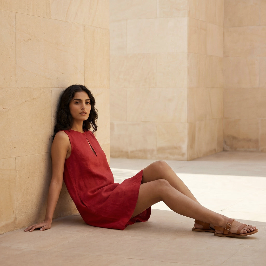 Cherry Red Cotton Sleeveless A-Line Short Shift Dress