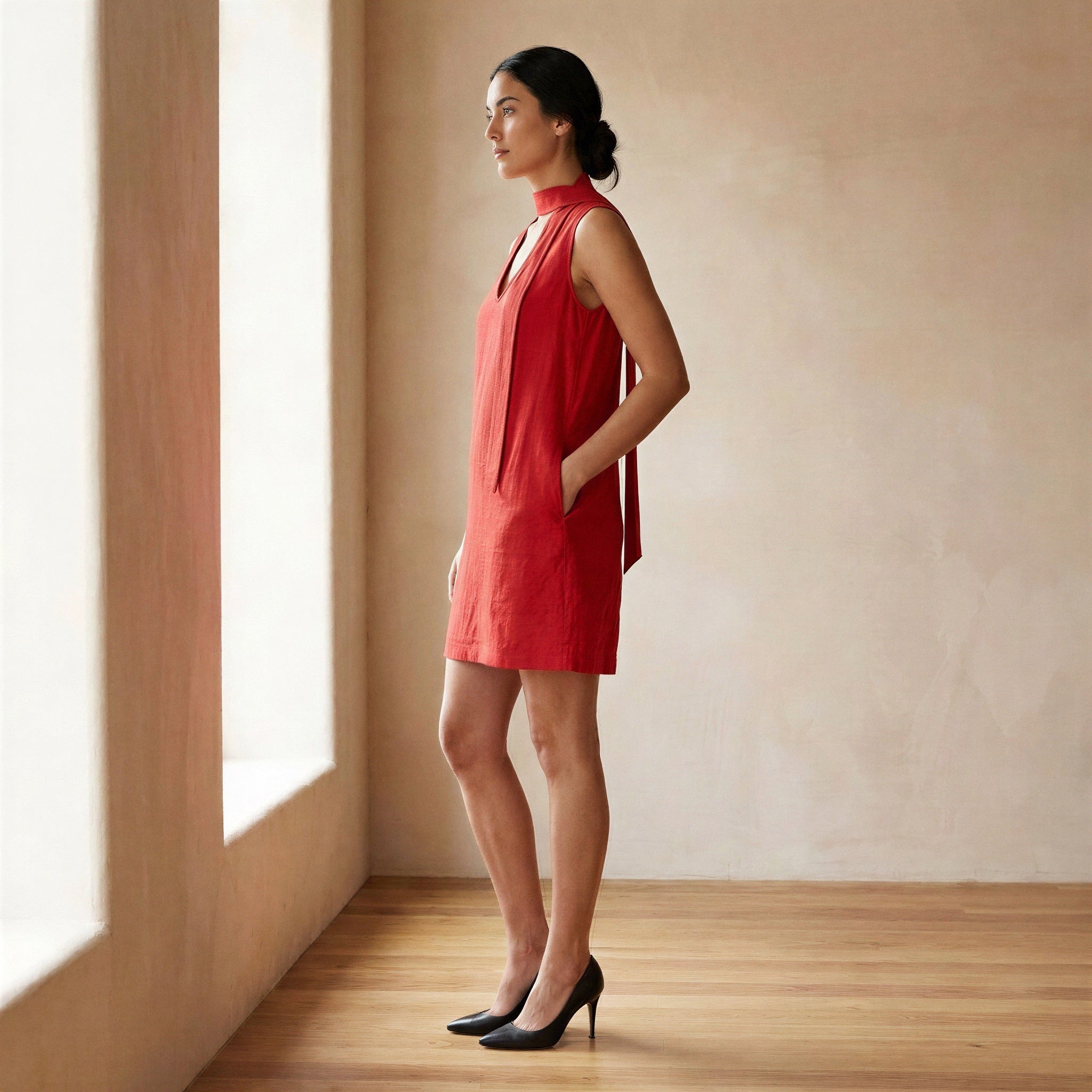 Cherry Red Cotton V-Neck Short Shift Dress with Scarf-Belt