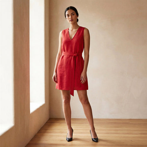 Cherry Red Cotton V-Neck Short Shift Dress with Scarf-Belt