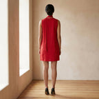 Cherry Red Cotton V-Neck Short Shift Dress with Scarf-Belt