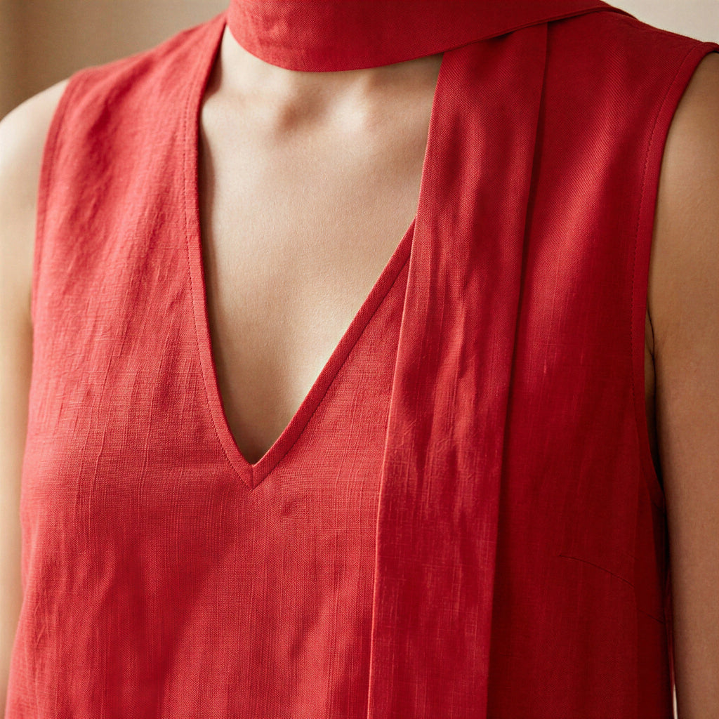 Cherry Red Cotton V-Neck Short Shift Dress with Scarf-Belt