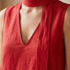 Cherry Red Cotton V-Neck Short Shift Dress with Scarf-Belt