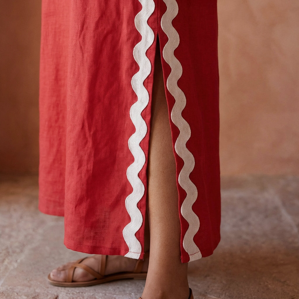 Cherry Red Cotton Wavy Stripe Maxi Shift Dress