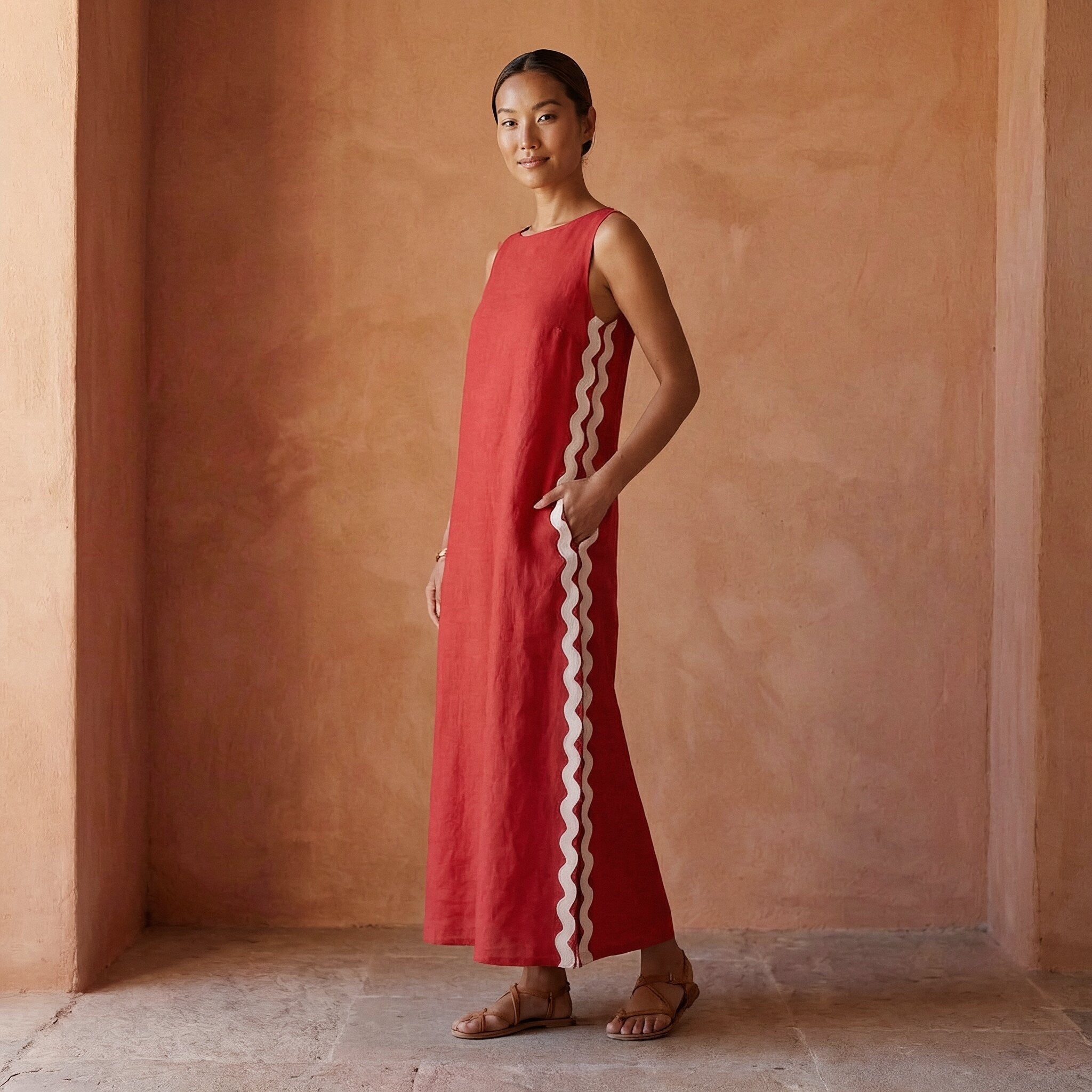 Cherry Red Cotton Wavy Stripe Maxi Shift Dress