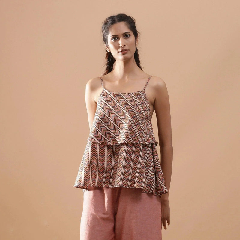 Front View of a Model wearing Kalamkari Strappy Tiered Camisole Top