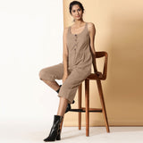 Front View of a Model wearing Beige Cotton Flax Button-Down Midi Jumpsuit