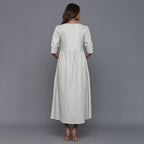 Back View of a Model wearing Cloudy Grey Cotton Flannel Gathered Dress