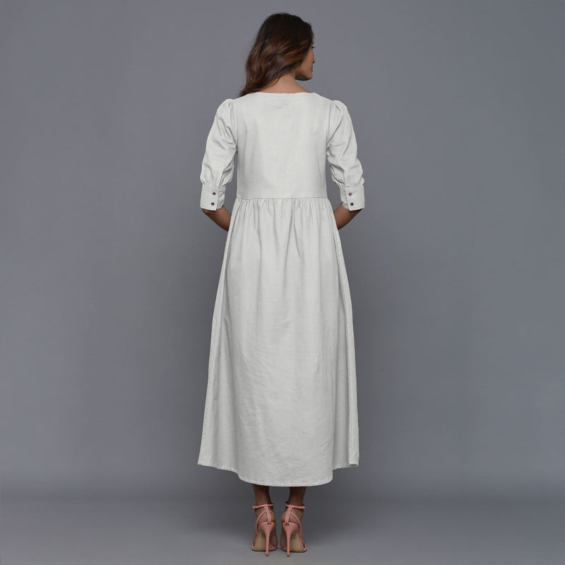 Back View of a Model wearing Cloudy Grey Cotton Flannel Gathered Dress