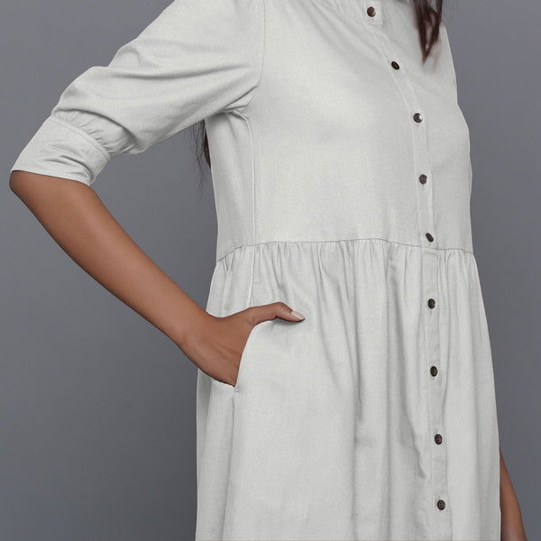 Front Detail of a Model wearing Cloudy Grey Cotton Flannel Gathered Dress