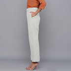 Left View of a Model wearing Cloudy Grey Flannel Rolled-Up Straight Pant