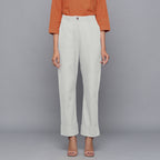 Front View of a Model wearing Cloudy Grey Flannel Rolled-Up Straight Pant