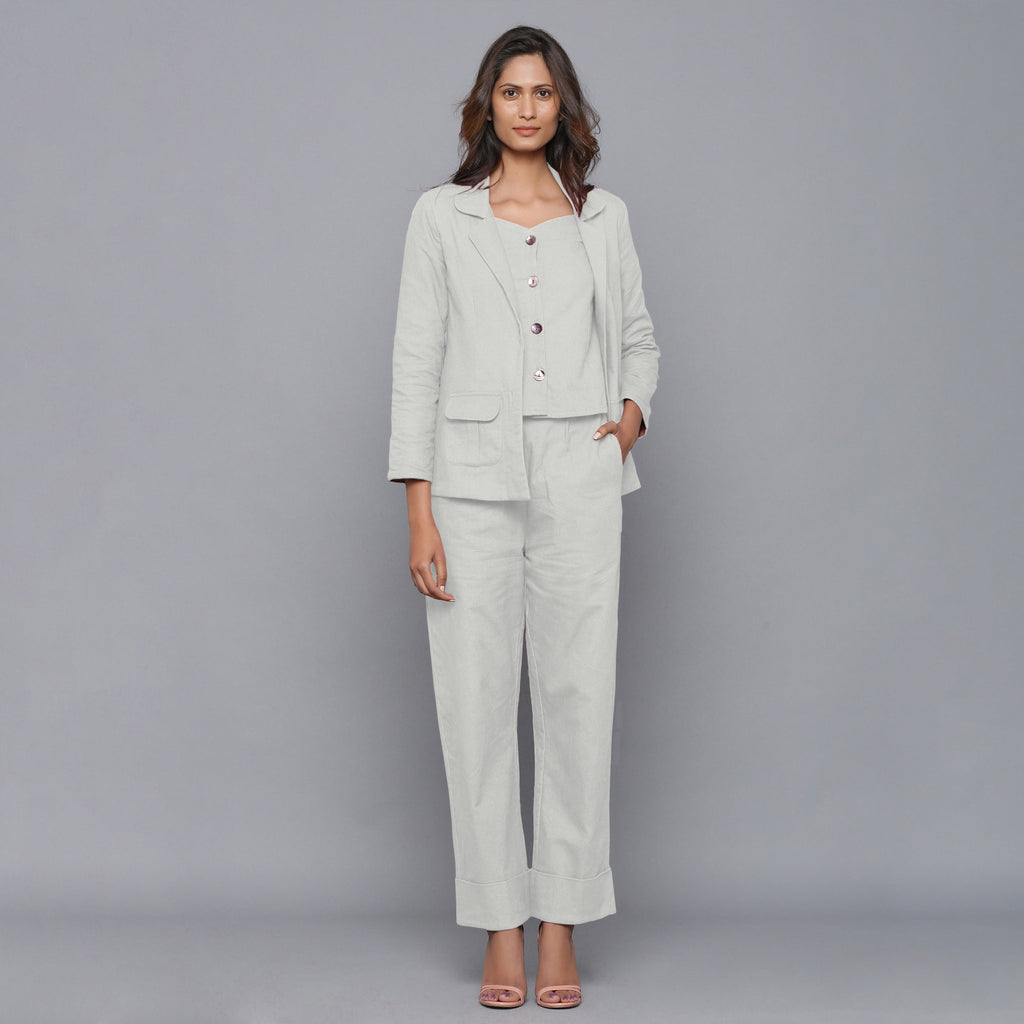 Front View of a Model wearing Cloudy Grey Flannel Rolled-Up Straight Pant